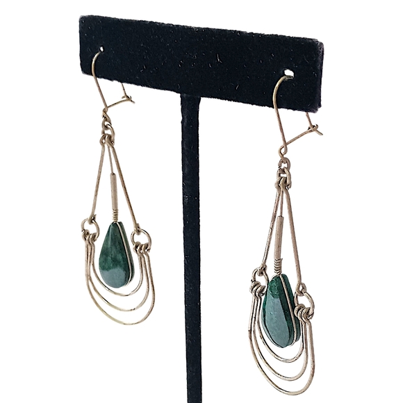 Malachite Green Stone Wire Design Earrings Teardrop Dangle Dainty Bohemian Gypsy - Picture 8 of 16